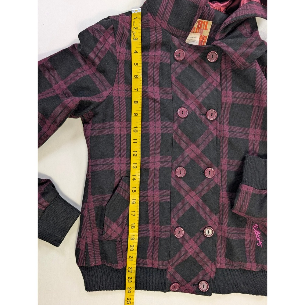 Billabong Womens Plaid Double Breasted Hooded Jacket Burgundy Black Pea Coat L - Picture 7 of 9
